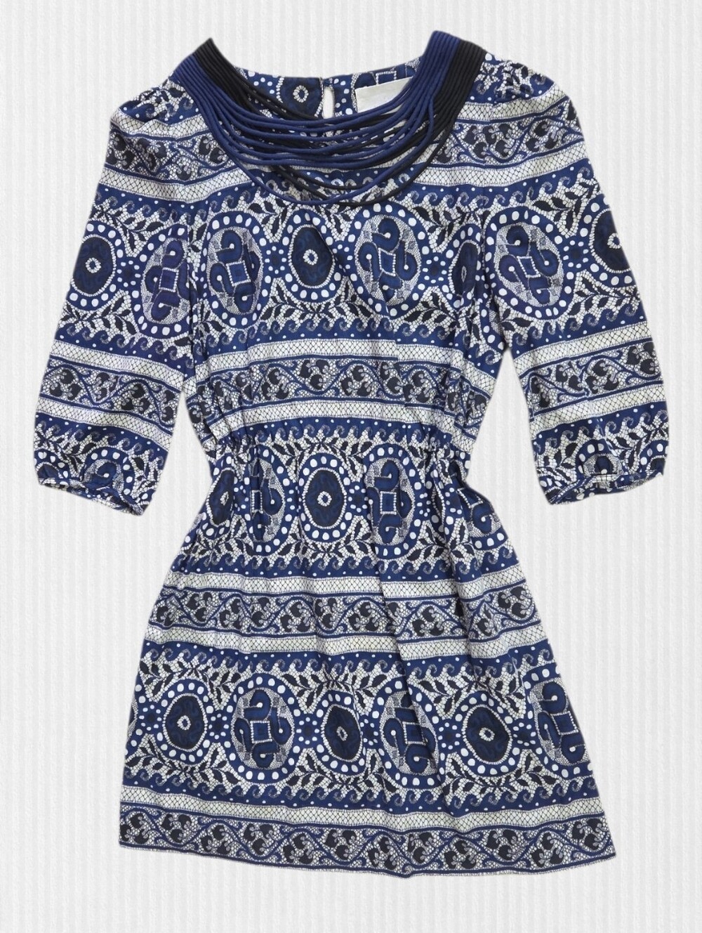 3.1 Phillip Lim Go Green Go Mosaic Cord Neckline Cotton Dress Size 6 Blue/Cream